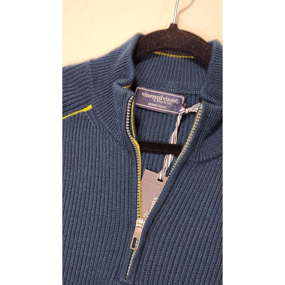 New Vineyard Vines Mens Med Merino Wool OTG Rib Ski Quarter Zip Sweater Teal Bay - Picture 3 of 12